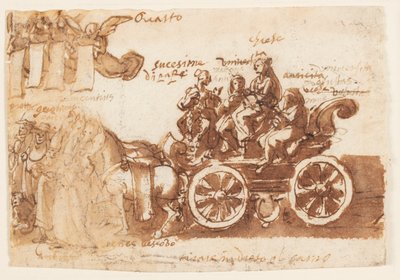 スケッチブックのページ。 戦車と 3 頭の馬 作： Jan van der Straet, called Stradanus