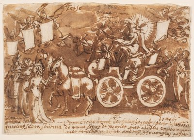スケッチブックのページ。 戦車と 3 頭の馬 作： Jan van der Straet, called Stradanus