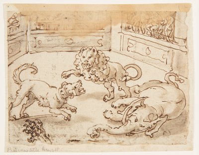 Recto: アレキサンダー大王は、犬と象とライオンの間の戦いを見ています。 Verso: Verso: Pliny the Elder