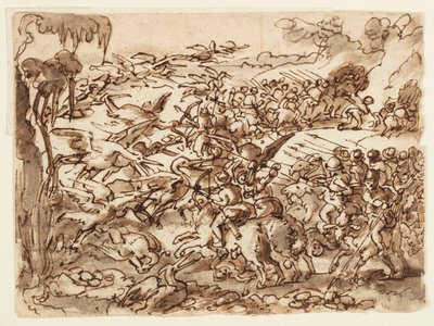 Recto: ピグミーとツルの戦い。 裏面: 大プリニウスの自然史に関する碑文、第 7 巻、ch. 2 作： Jan van der Straet, called Stradanus