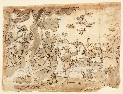 直訳：ハヤブサとのバードハント。 Verso: 動物、山羊座、葉で飾られたリュネット 作： Jan van der Straet, called Stradanus