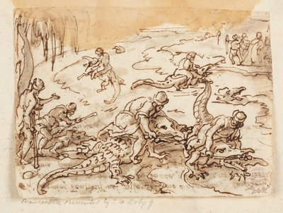 直訳：エジプトのテンティラでのクロコダイル狩り。 裏面: 大プリニウスの自然史に関する碑文、第 7 巻、ch. 38 作： Jan van der Straet, called Stradanus