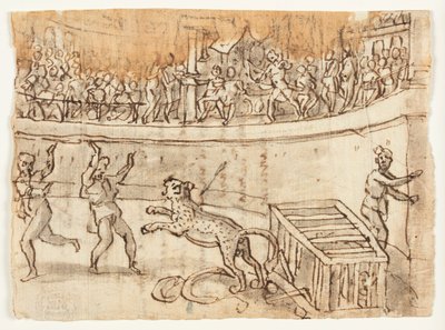 右: ヒョウを殺すコンモドゥス皇帝。 Verso: Luigi Alamanni によるスケッチ、およびヘロディアヌスの歴史に関連する彼の手の碑文、I、15、6-7 作： Jan van der Straet, called Stradanus
