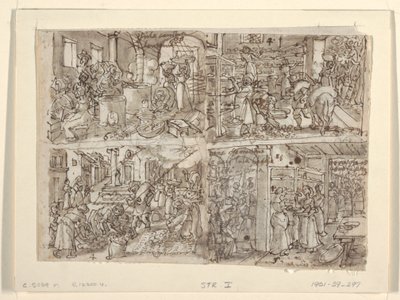 Recto: 「Vermis Sericus」（製糸）版画シリーズの 4 つの予備デザイン。 左上: ワインディング シルク。 左下：桑の葉の準備。 右上：棚に葉を並べる。 右下：蚕に桑の葉を与えています。 ヴェ 作： Jan van der Straet, called Stradanus