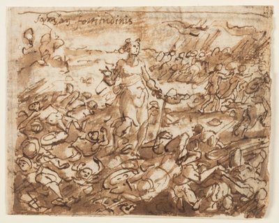 Recto: ペリシテ人を打ち負かしたサムソン、ロバの顎骨から水を飲む、「Spiritus Fortitudines」（力の精神）の予備デザイン、版画シリーズ「聖霊の七つの賜物」のプレート 4。 裏面：不明瞭な碑文 作： Jan van der Straet, called Stradanus