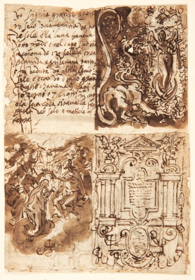 Recto、左上: 黙示録の女に関する一節。 Recto、右上: 黙示録の女。 Recto、左下: 聖母の生涯のシリーズを印刷するための口絵。 直腸、右下: ヴィーリの戴冠式 作： Jan van der Straet, called Stradanus