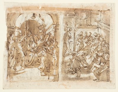 右記、左: キリストのあざけり。 Recto、右: 使徒たちの足を洗うキリスト。 Verso: 1587 年のスコットランド女王メアリー スチュアートの処刑 作： Jan van der Straet, called Stradanus
