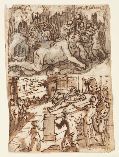 サイクロプスの目がくらんでいるスケッチブックのページ 作： Jan van der Straet, called Stradanus