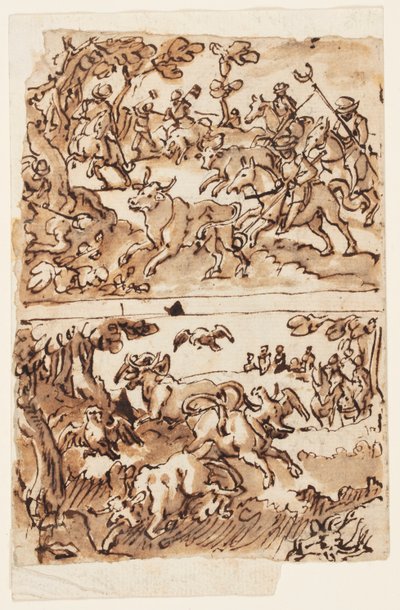 雄牛狩りのスケッチブックのページ 作： Jan van der Straet, called Stradanus
