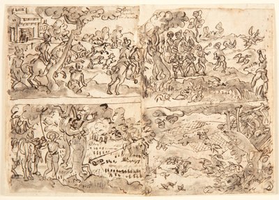4 つのハント シーンを含むスケッチブック ページ 作： Jan van der Straet, called Stradanus