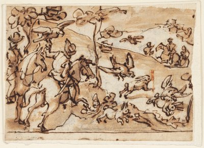 ウサギ狩りとハヤブサのスケッチブックのページ 作： Jan van der Straet, called Stradanus