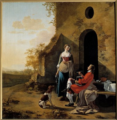 旅館の入り口での勇敢な会話 ヤン・ファン・デル・メール（1630-1692）の絵 作： Jan van der the Elder Meer