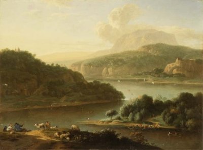 手前に羊飼いと農民の女性がいる川の風景 作： Jan van der the Younger Meer