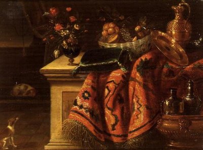 静物画（花瓶、鉢の中の果物、銀食器、皿、クッションなど 作： Jan van the Elder (follower of) Kessel