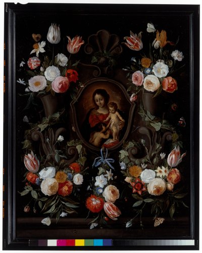 花と蝶で飾られた石のカルトゥーシュ 作： Jan van the Elder Kessel