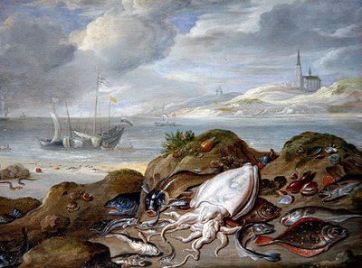 砂丘に魚のいる河口の風景」（銅に油彩） 作： Jan van the Elder Kessel