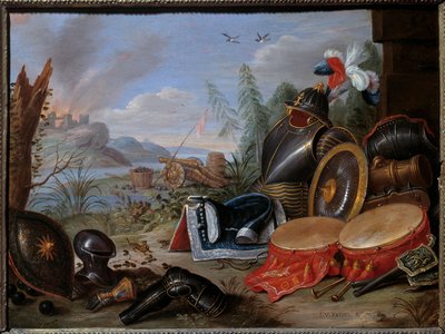 武器のトロフィー。Jan I Kessel The Old (1626-1679)による絵画 Ec.Flam. 作： Jan van the Elder Kessel