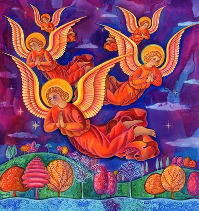 天使たち、1999、（インクとガッシュ） 作： Jane Tattersfield