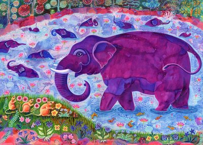 象とねずみ、1998、（インクとガッシュ） 作： Jane Tattersfield