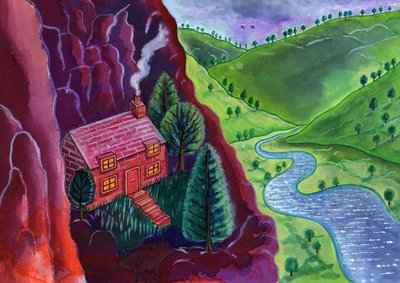 山の家、2002、（インクとガッシュ） 作： Jane Tattersfield