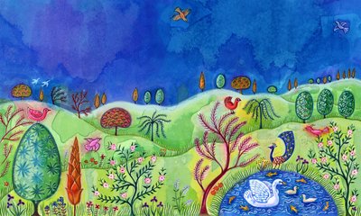 白鳥のいる風景、2002年（インクとガッシュ） 作： Jane Tattersfield