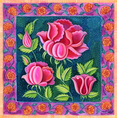 ピンクの花、1997年（インクとガッシュ） 作： Jane Tattersfield