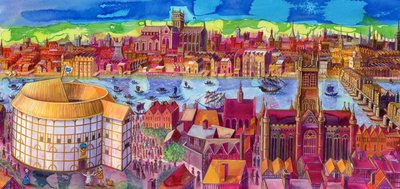 サウスバンクのシェイクスピアグローブ座、2006年（インクとガッシュ） 作： Jane Tattersfield