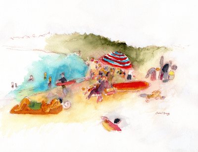 Beach Sunbathers and Surfers at Hanalei Bay, c.2019 (watercolor and pencil on paper) 作： Janel Bragg