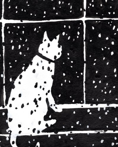 雪嵐に燃える窓辺の猫 2019年頃 （紙にインク） 作： Janel Bragg