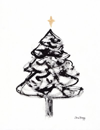クリスマス・ツリーと墨と金十字架 2021年頃 （紙に墨、水彩） 作： Janel Bragg