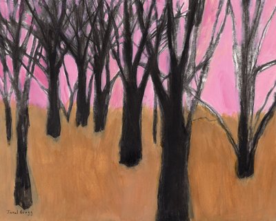 黒い木とピンクの空のある風景、2023年（紙に水彩画） 作： Janel Bragg