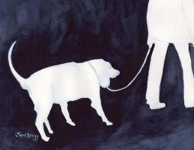 藍色で犬を散歩させる男II 2018年頃（紙に水彩、鉛筆） 作： ジャネル・ブラッグ