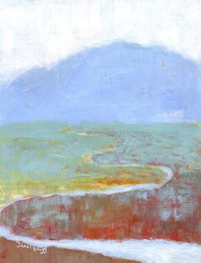 アナベルのための谷と野草のある山の風景、2021年頃（カゼイン、水彩、紙） 作： Janel Bragg
