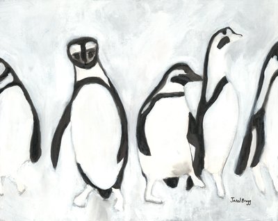ウッドランド・パーク動物園のペンギン、2021年頃、紙に墨、ジェッソ 作： Janel Bragg
