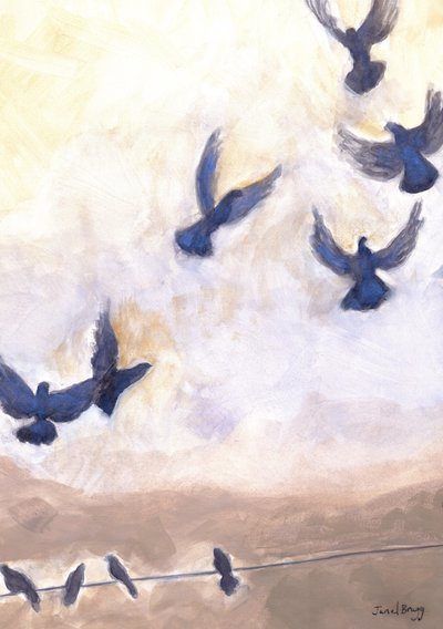 Pigeons in Flight in Anacortes, 2024（水彩、カゼイン、紙） 作： Janel Bragg