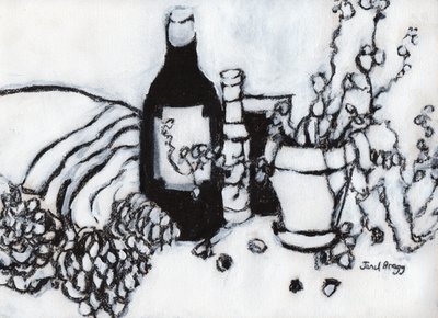 オリーブオイルと松ぼっくりのある静物》2017年（木炭、ジェッソ、紙） 作： Janel Bragg
