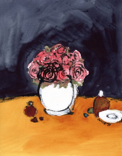 バラと香水瓶のある静物 2020年頃 （紙にインク、水彩） 作： Janel Bragg