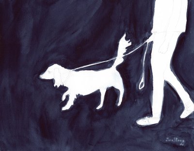 コマーシャル・アベニューを犬と散歩する女性、2021年頃（紙に水彩、鉛筆） 作： Janel Bragg