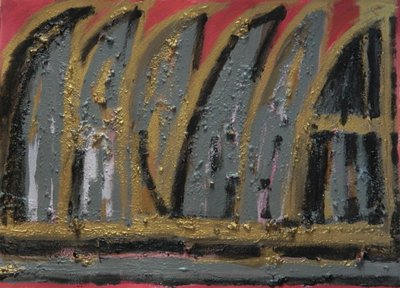 Burning House, 2013（紙にガッシュ、木灰、金箔 作： Janet McKenzie