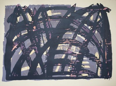 正面（ii）、2014年（チェーンソーの木版画とシルクスクリーン） 作： Janet McKenzie