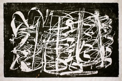 時の音楽、2014年（ライスペーパーにチェーンソーの木版画） 作： Janet McKenzie