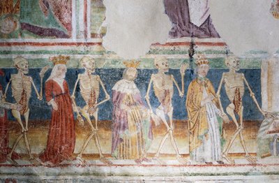 Hrastovlje要塞教会、三位一体教会、教皇と王妃に付き添う死、死の舞踏（1490年）、Janez Iz Kastvaによるフレスコ画の詳細、スロベニア 作： Janez Kastav