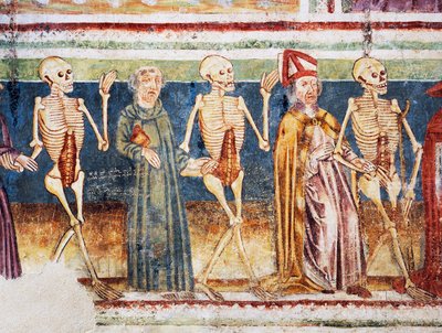 Hrastovlje要塞教会、三位一体教会、司教と修道士に付き添う死、死の舞踏（1490年）、Janez Iz Kastvaによるフレスコ画の詳細、スロベニア 作： Janez Kastav