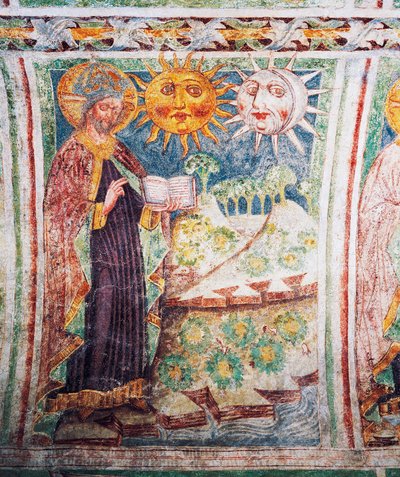 Hrastovlje要塞教会、三位一体教会、創世記、神が太陽、月、星を創造する（1490年）、Janez Iz Kastvaによるフレスコ画の詳細、スロベニア 作： Janez Kastav