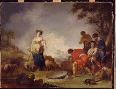 ジェイコブは井戸でレイチェルに会います。 Johann Rosso Jauarius Zick（1730-1797）による絵画、キャンバスに油彩 作： Januarius Zick