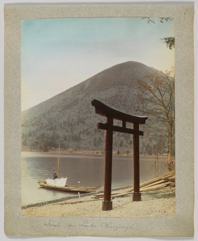 日光・中禅寺湖の鳥居（手彩色白黒写真 作： Japanese Photographer