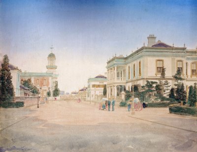 横浜市のメインストリートの眺め、1890年頃（手描きの写真） 作： Japanese Photographer