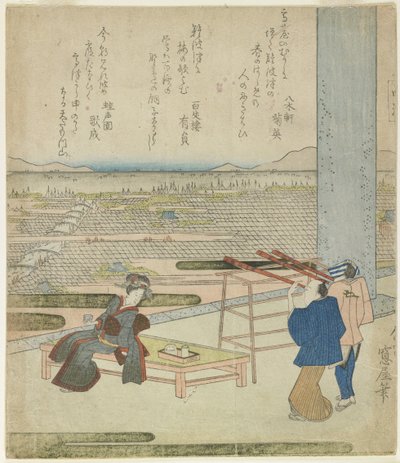 （丘の上の建物からの眺めを楽しむ女性と2人の男性）、1820年代（カラーの木版画） 作： Japanese School