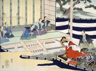 木版画の19世紀のアルバム（カラーウッドブロックプリント）から男性に女性を尋問 作： Japanese School