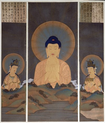 阿弥陀如来と観音菩薩、勢至菩薩の三尊像（カラーリトグラフ） 1909年1月雑誌「國華」の挿絵。 作： Japanese School